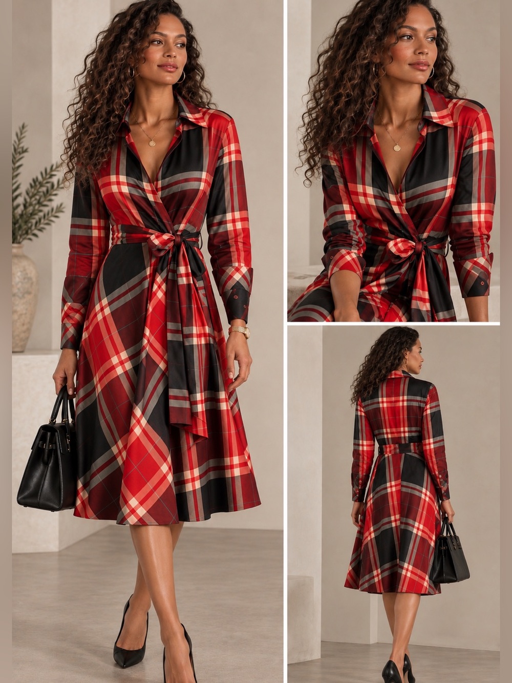 Zara Woman Plaid Wrap Midi Shirt Dress Red Black Tie Waist Size M